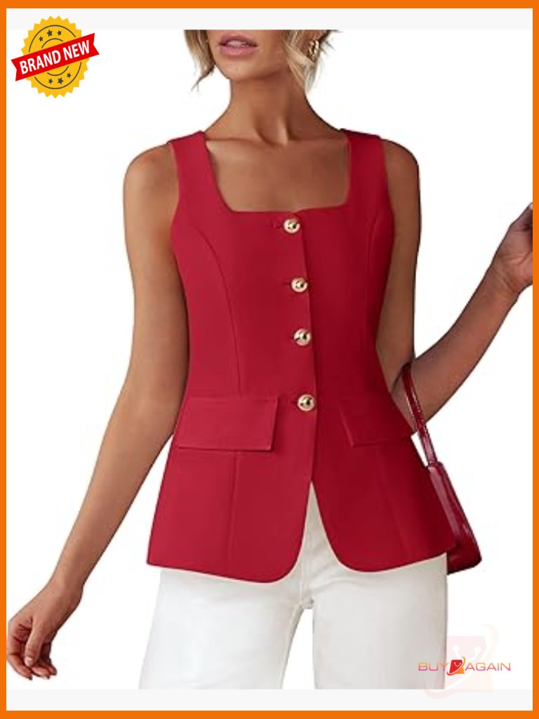 Sleeveless Square Neck Blazer Vest Women Spring Business Casual Slim Fit Button